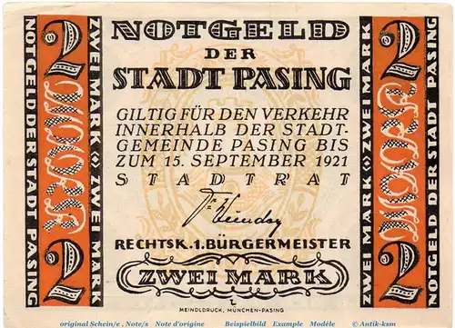 Notgeld Stadt Pasing 1050.3.a , 2 Mark Schein in kfr. weiß und rauh , o.D. Bayern Seriennotgeld