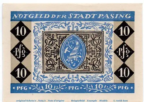 Notgeld Stadt Pasing 1050.3.a , 10 Pfennig Schein in kfr. weiß und rauh , o.D. Bayern Seriennotgeld