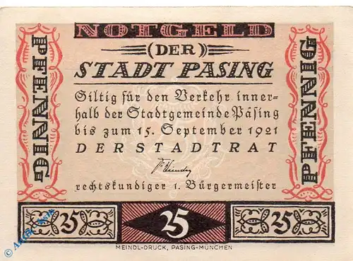 Notgeld Pasing , 25 Pfennig Schein in kfr. Mehl Grabowski 1050.3 a , Bayern Seriennotgeld