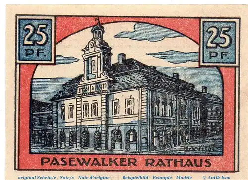 Notgeld Stadt Pasewalk 1049.1 , 25 Pfennig Schein in kfr. von 1921 , Mecklenburg Pommern Seriennotgeld