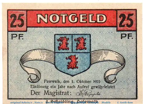 Notgeld Stadt Pasewalk 1049.1 , 25 Pfennig Schein in kfr. von 1921 , Mecklenburg Pommern Seriennotgeld