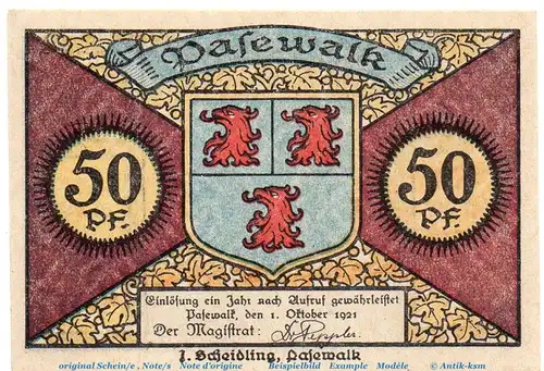 Pasewalk , Notgeld 50 Pfennig Schein in kfr. M-G 1049.1 , Mecklenburg Vorpommern 1921 Seriennotgeld