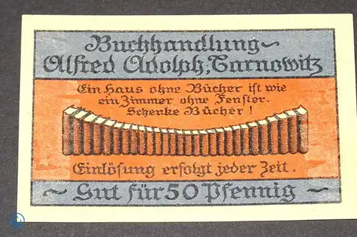 Notgeld Tarnowitz , Buchhandlung Adolph , 50 Pfennig Schein , Mehl Grabowski 1311.1 a , polnisch Oberschlesien Seriennotgeld