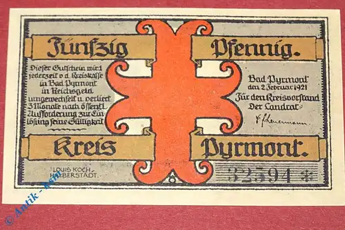 Notgeld Pyrmont , 50 Pfennig Schein , Mehl Grabowski 1085.1 , Niedersachsen Seriennotgeld
