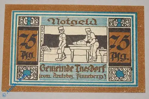 Notgeld Thesdorf , 75 Pfennig Schein Nr 2 ohne Wz , Mehl Grabowski 1321.2 , Schleswig Holstein Seriennotgeld