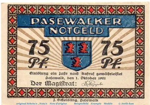 Notgeld Stadt Pasewalk 1049.1 , 75 Pfennig Schein in kfr. von 1921 , Mecklenburg Vorpommern Seriennotgeld