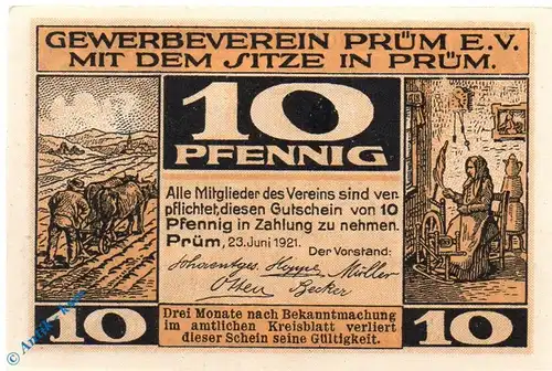 Notgeld Prüm , 10 Pfennig Schein , Mehl Grabowski 1079.2 , von 1921 , Rheinland Seriennotgeld