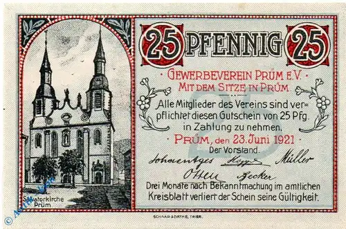 Notgeld Prüm , 25 Pfennig Schein , Mehl Grabowski 1079.2 , von 1921 , Rheinland Seriennotgeld