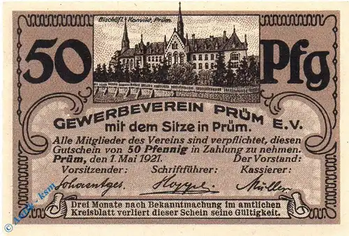 Notgeld Prüm , 50 Pfennig Schein , Mehl Grabowski 1079.1 , von 1921 , Rheinland Seriennotgeld