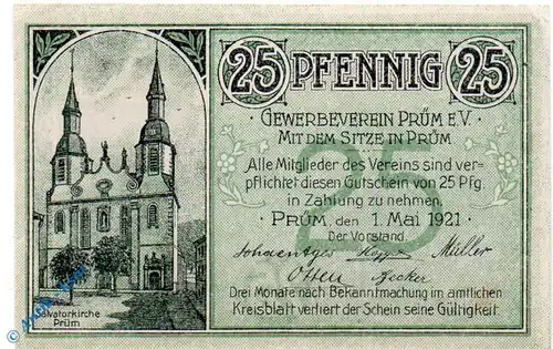 Notgeld Prüm , 25 Pfennig Schein , Mehl Grabowski 1079.1 , von 1921 , Rheinland Seriennotgeld