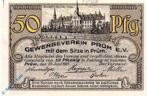 Notgeld Prüm , 50 Pfennig Schein , Mehl Grabowski 1079.2 , von 1921 , Rheinland Seriennotgeld