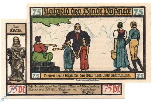 Notgeld Pößneck , 75 Pfennig Schein Nr 7 o. Signatur , Mehl Grabowski 1066.3 , von 1921 , Thüringen Seriennotgeld