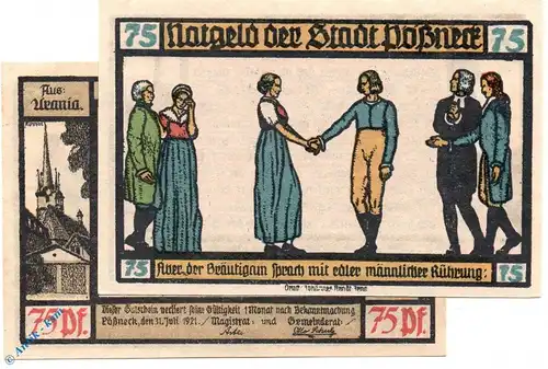 Notgeld Pößneck , 75 Pfennig Schein Nr 10 o. Signatur , Mehl Grabowski 1066.3 , von 1921 , Thüringen Seriennotgeld