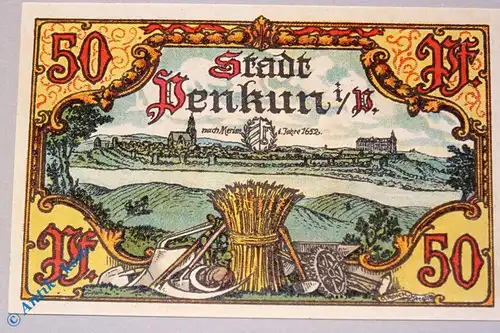 Notgeld Penkun , 50 Pfennig Schein 1652 , Mehl Grabowski 1054.1 , von 1921 , Mecklenburg Vorpommern Seriennotgeld