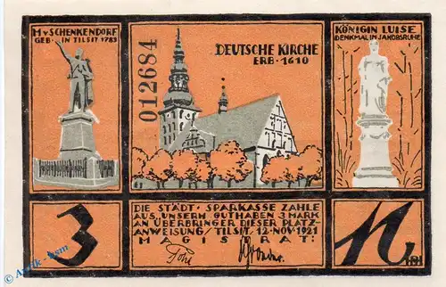 Notgeld Tilsit , 3 Mark Schein in kfr. Mehl Grabowski 1324.1 g , von 1921 , Ostpreussen Seriennotgeld