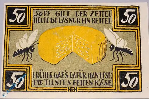 Notgeld Tilsit , 50 Pfennig Schein o. No , Mehl Grabowski 1324.1 g , von 1921 , Ostpreussen Seriennotgeld