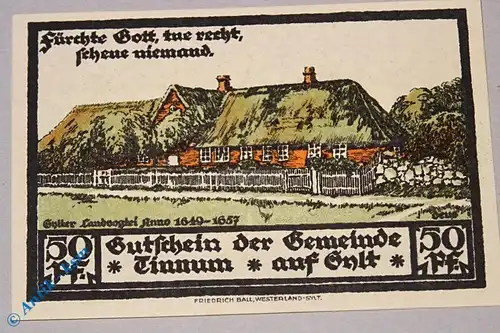 Notgeld Tinnum , 50 Pfennig Schein , Mehl Grabowski 1326.1 , von 1921 , Schleswig Holstein Seriennotgeld