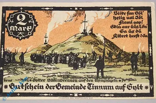 Notgeld Tinnum , 2 Mark Schein , Mehl Grabowski 1326.1 , von 1921 , Schleswig Holstein Seriennotgeld