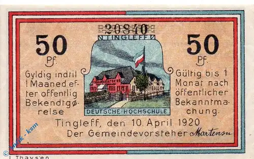 Notgeld Tingleff , 50 Pfennig Schein , Mehl Grabowski 1325.3 , von 1920 , dänisch Nordschleswig Seriennotgeld