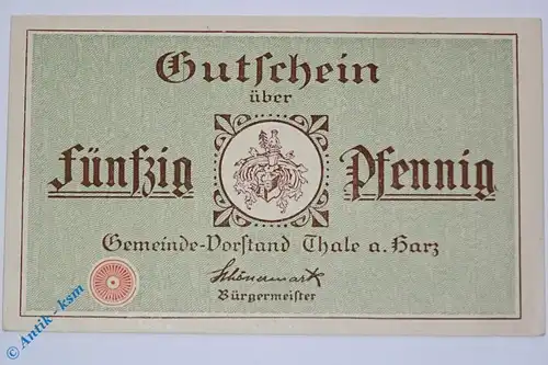 Notgeld Thale , 50 Pfennig Schein Nr 1 , Mehl Grabowski 1320.3 , von 1921 , Sachsen Anhalt Serien Notgeld