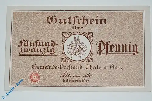 Notgeld Thale , 25 Pfennig Schein , Mehl Grabowski 1320.3 , von 1921 , Sachsen Anhalt Serien Notgeld