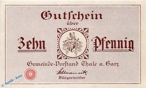 Notgeld Thale , 10 Pfennig Schein in kfr. Mehl Grabowski 1320.3 , von 1921 , Sachsen Anhalt Seriennotgeld