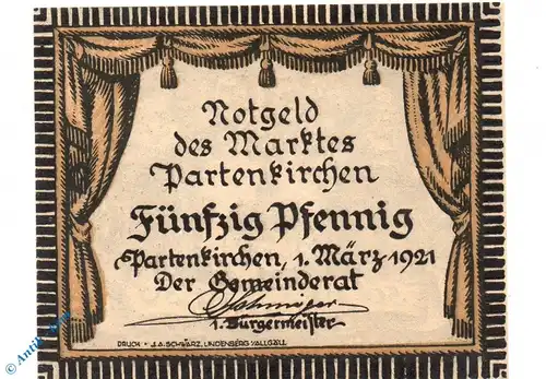 Notgeld Partenkirchen , 50 Pfennig Schein , Mehl Grabowski 1048.1 , von 1921 , Bayern Seriennotgeld