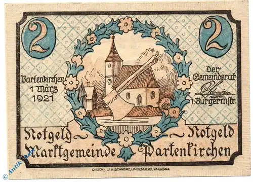 Notgeld Partenkirchen , 2 Mark Schein , Mehl Grabowski 1048.1 , von 1921 , Bayern Seriennotgeld