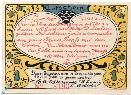 Notgeld Treysa , 1 Mark Schein , Kn = rot  , Mehl Grabowski 1340.1 a  , Hessen Seriennotgeld