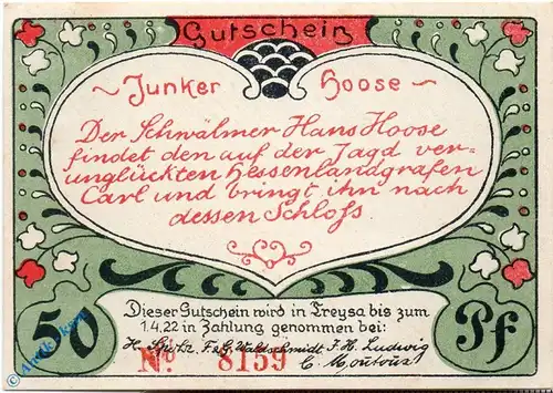 Notgeld Treysa , 50 Pfennig Schein , Kn = rot  , Mehl Grabowski 1340.1 a  , Hessen Seriennotgeld