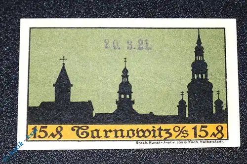 Notgeld Tarnowitz , Buchhandlung Adolph , 15 Pfennig mit Stempel , Mehl Grabowski 1311.1 b , Oberschlesien Seriennotgeld