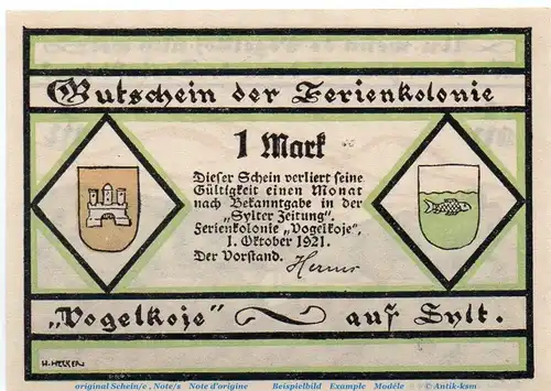 Notgeld Vogelkoje Kampen auf Sylt , 1 Mark Schein in kfr. von 1921 , Schleswig Holstein Seriennotgeld