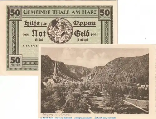Notgeld -Hilfe für Oppau- Thale 1320.16 , 50 Pfennig Nr.1 in kfr. von 1921 , Sachsen Anhalt Seriennotgeld