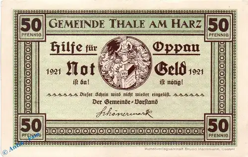 Notgeld Thale , Hilfe für Oppau , 50 Pfennig Schein Nr. 6 , Mehl Grabowski 1320.16 , von 1921 , Sachsen Anhalt Seriennotgeld
