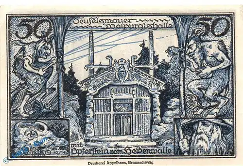 Notgeld Thale 1320.04 , 50 Pfennig Fehldruck kfr. --WZ und Wapurgis ganz links-- , von 1921 , Sachsen Anhalt Seriennotgeld