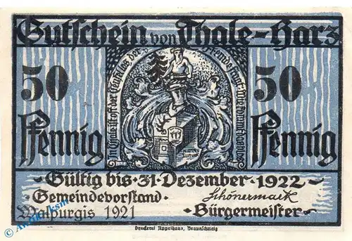 Notgeld Thale 1320.04 , 50 Pfennig Fehldruck kfr. --WZ und Wapurgis ganz links-- , von 1921 , Sachsen Anhalt Seriennotgeld