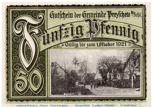 Notgeld Gemeinde Przyschetz 1080.1 , 50 Pfennig Schein in kfr. von 1921 , Oberschlesien Seriennotgeld