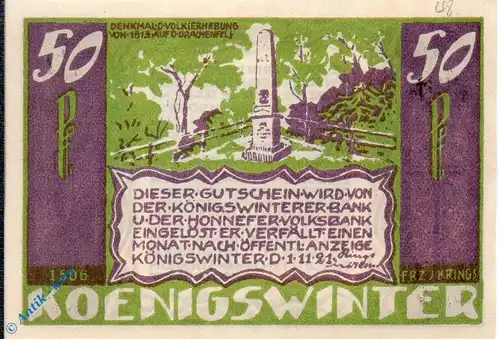 Königswinter , Notgeld 50 Pf. --Sie sollen Ihn...1506 WZ-- in kfr. M-G 730.1 Westfalen 1921 Seriennotgeld