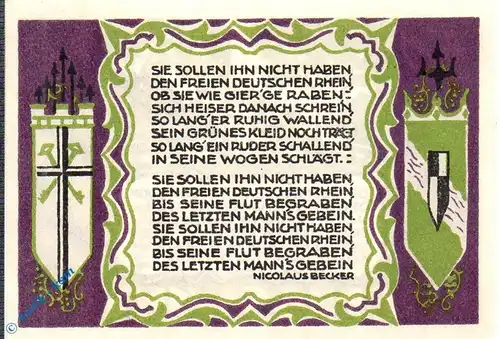 Notgeld Königswinter , 50 Pfennig , Sie sollen Ihn nicht haben , Mehl Grabowski 730.1 , von 1921 , Westfalen Serien Notgeld