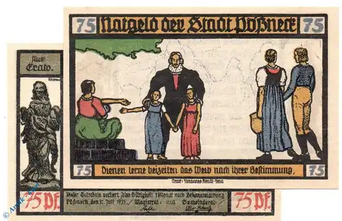 Notgeld Pößneck , 75 Pfennig Schein Nr 7 , olivgrau  o. Signatur , Mehl Grabowski 1066.4 b , von 1921 , Thüringen Serien Notgeld