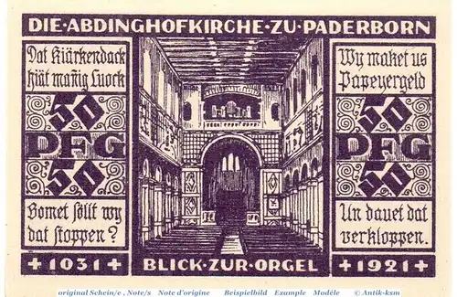 Notgeld Paderborn , Kirchenkasse , 50 Pfennig Schein in kfr. Mehl Grabowski 1042.1 , von 1921 , Westfalen Seriennotgeld