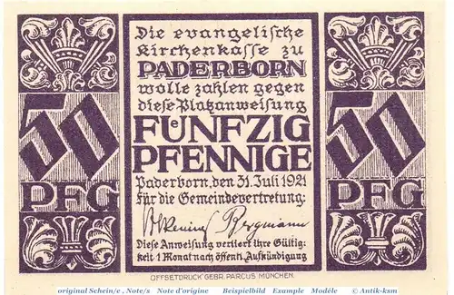 Notgeld Paderborn , Kirchenkasse , 50 Pfennig Schein in kfr. Mehl Grabowski 1042.1 , von 1921 , Westfalen Seriennotgeld