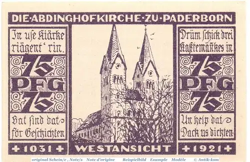 Notgeld Paderborn , Kirchenkasse , 75 Pfennig Schein in kfr. Mehl Grabowski 1042.1 , von 1921 , Westfalen Seriennotgeld