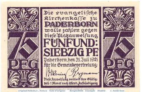 Notgeld Paderborn , Kirchenkasse , 75 Pfennig Schein in kfr. Mehl Grabowski 1042.1 , von 1921 , Westfalen Seriennotgeld