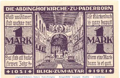 Notgeld Paderborn , Kirchenkasse , 1 Mark Schein inkfr. Mehl Grabowski 1042.1 , von 1921 , Westfalen Seriennotgeld