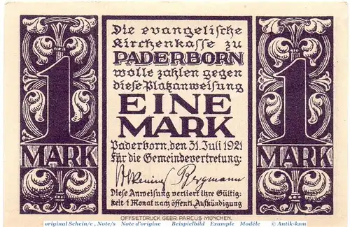 Notgeld Paderborn , Kirchenkasse , 1 Mark Schein inkfr. Mehl Grabowski 1042.1 , von 1921 , Westfalen Seriennotgeld