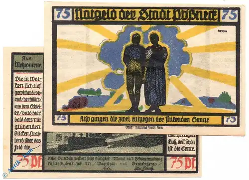 Notgeld Pößneck , 75 Pfennig Schein Nr 8 , kornblumenblau , Mehl Grabowski 1066.5 a , von 1921 , Thüringen Serien Notgeld