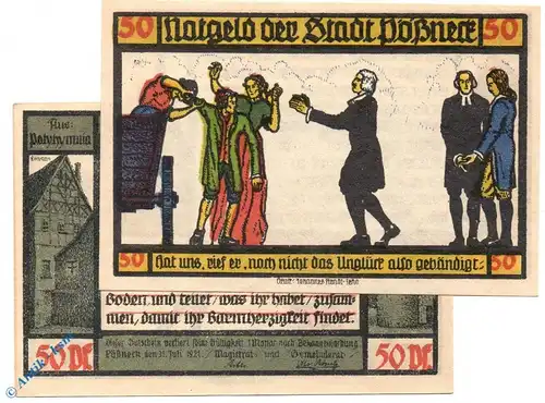 Notgeld Pößneck , 50 Pfennig Schein Nr 4 , kornblumenblau , Mehl Grabowski 1066.5 a , von 1921 , Thüringen Serien Notgeld
