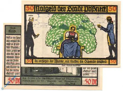 Notgeld Pößneck , 50 Pfennig Schein Nr 5 , kornblumenblau , Mehl Grabowski 1066.5 a , von 1921 , Thüringen Serien Notgeld