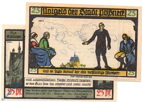 Notgeld Pößneck , 25 Pfennig Schein Nr 1 , kornblumenblau , Mehl Grabowski 1066.5 a , von 1921 , Thüringen Serien Notgeld